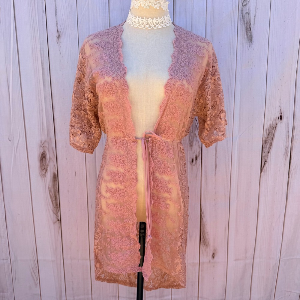 Charlotte Russe Pink Floral Lace Kimono Sheer Tie Waist High Low Wrap Small - Picture 2 of 8